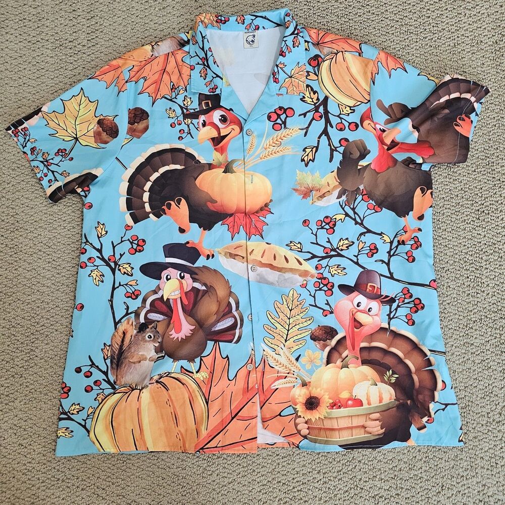 Hardaddy XXL Turkey Thanksgiving Pumpkin Fall Printed Button Front Shirt